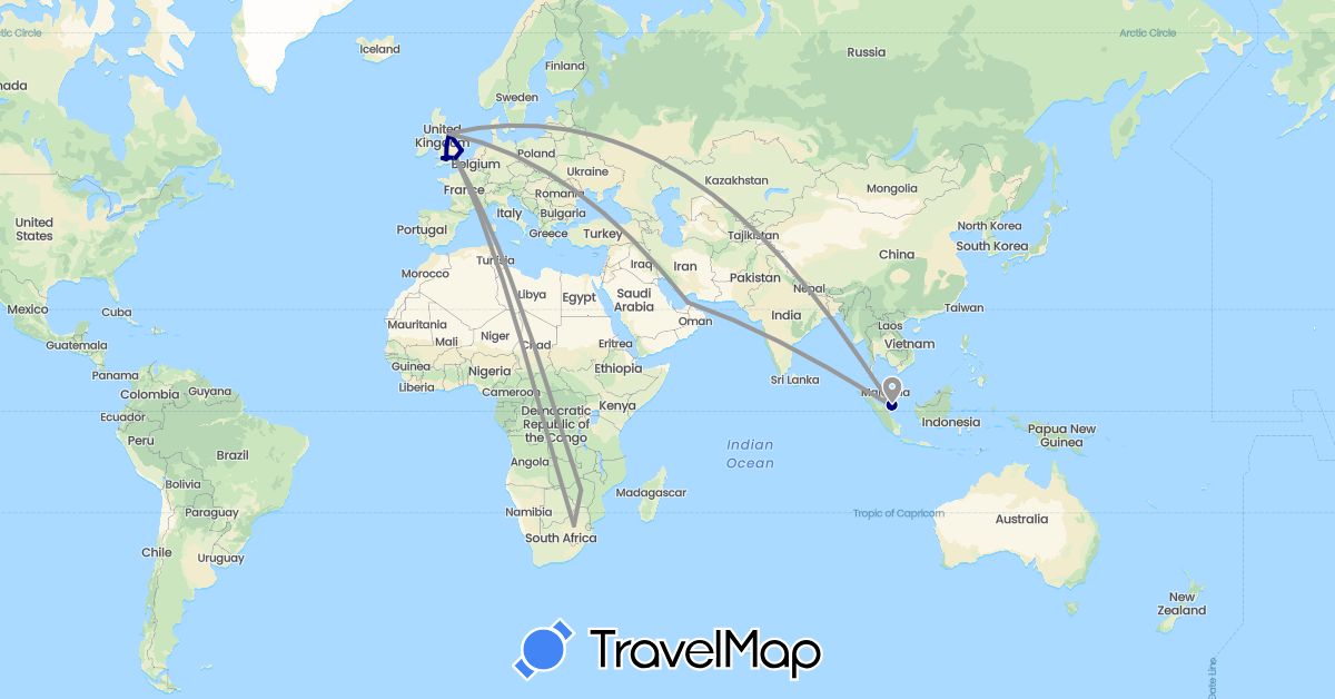 TravelMap itinerary: driving, plane in United Arab Emirates, United Kingdom, Malaysia, Singapore, South Africa, Zimbabwe (Africa, Asia, Europe)